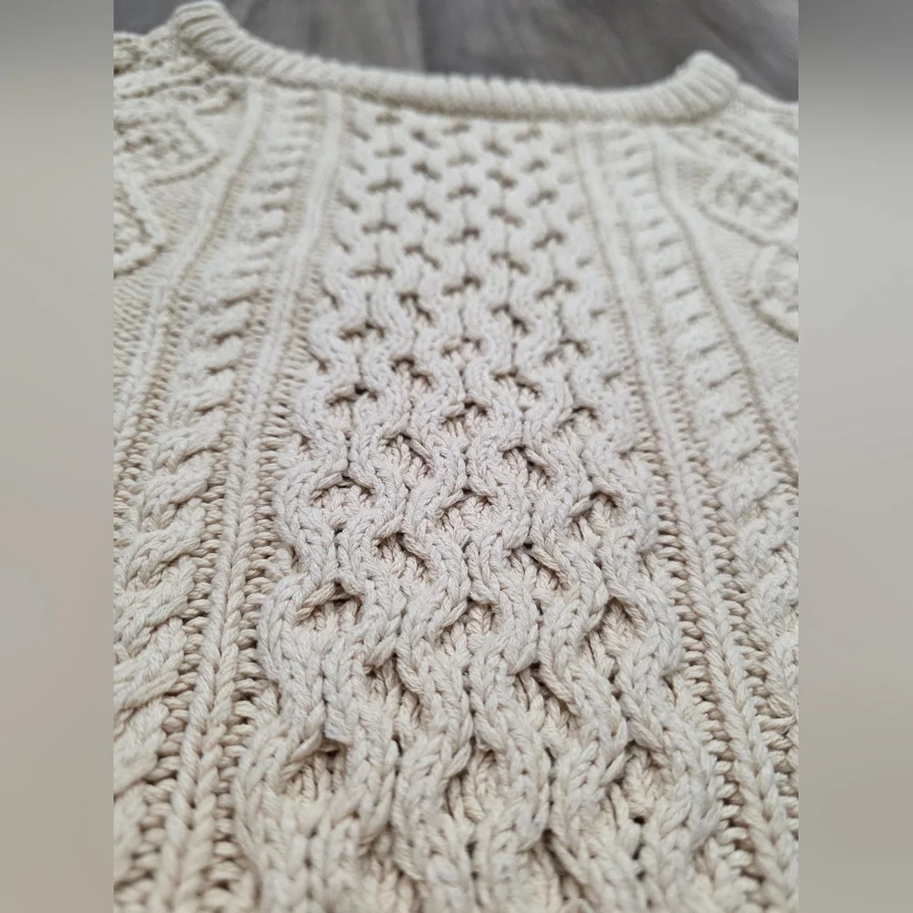 LL BEAN SIGNATURE FISHERMEN Cream Cable Knit Sweater Coastal Nautical Wool